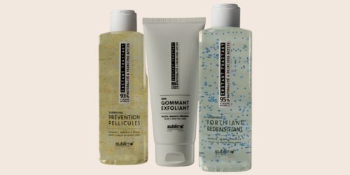 Gamme de soins capillaires Instant Traitant de la marque fran&ccedil;aise SUBLIMO, la photo repr&eacute;sente trois flacons de produits.